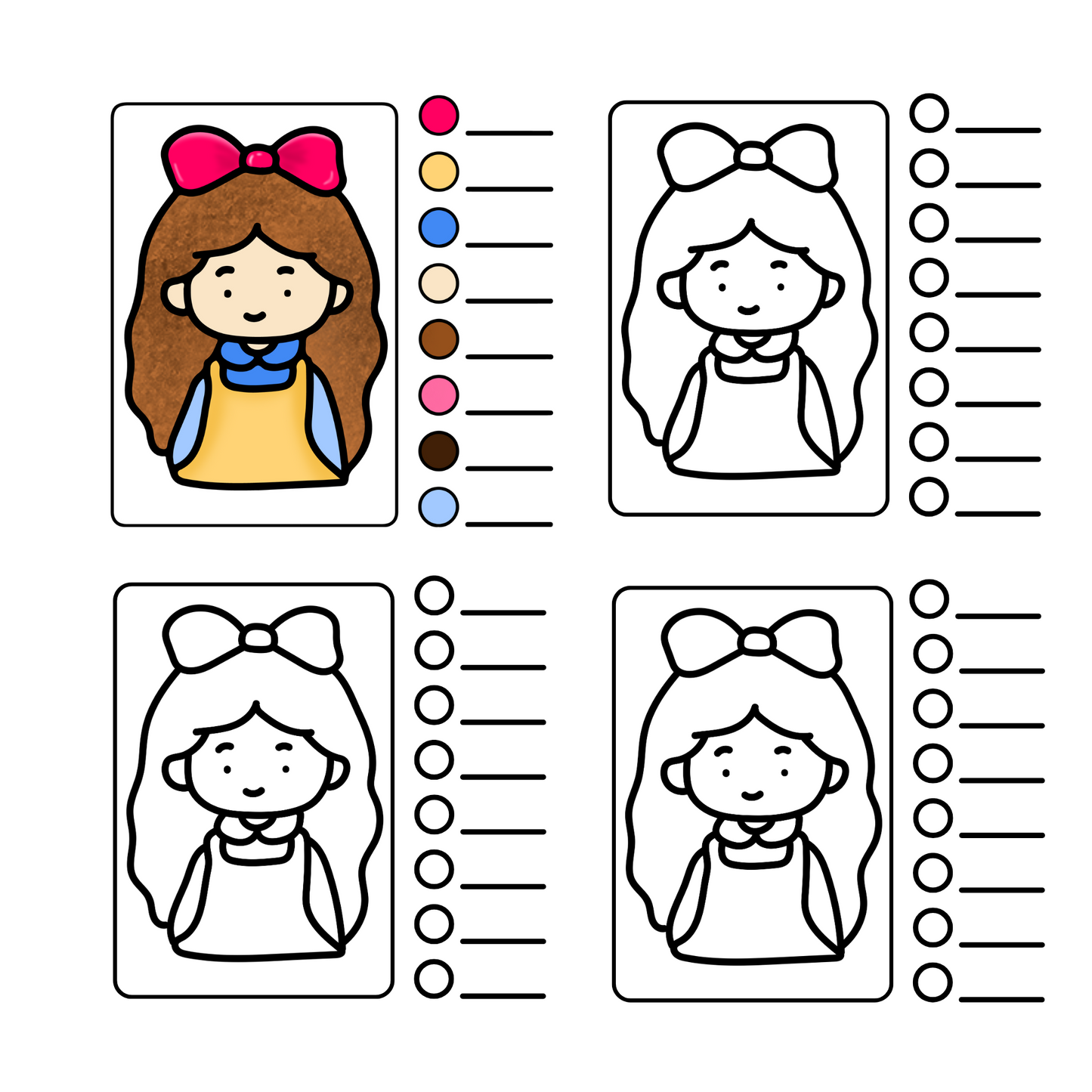 Cute character coloring practice pages designed to build confidence and color harmony skills