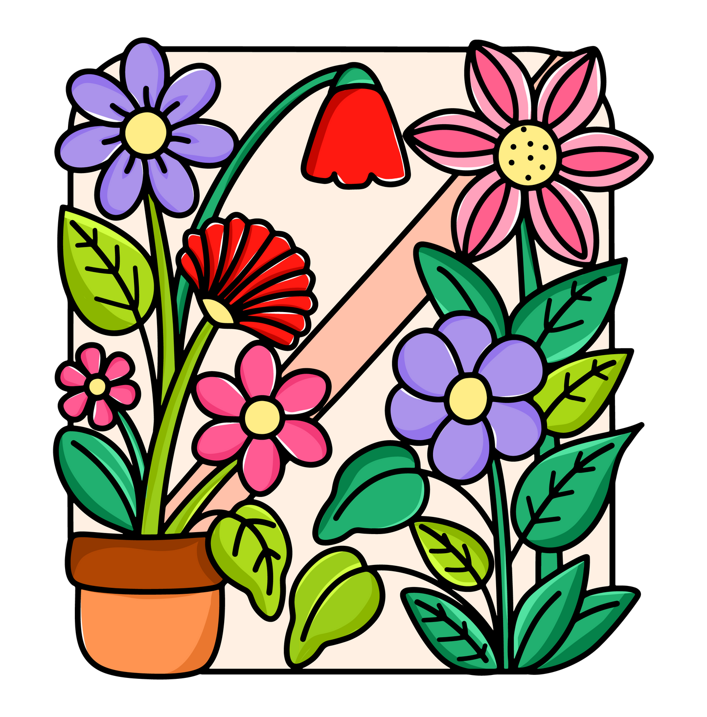 Minimalist floral coloring page with bold outlines and simple shapes for relaxing coloring