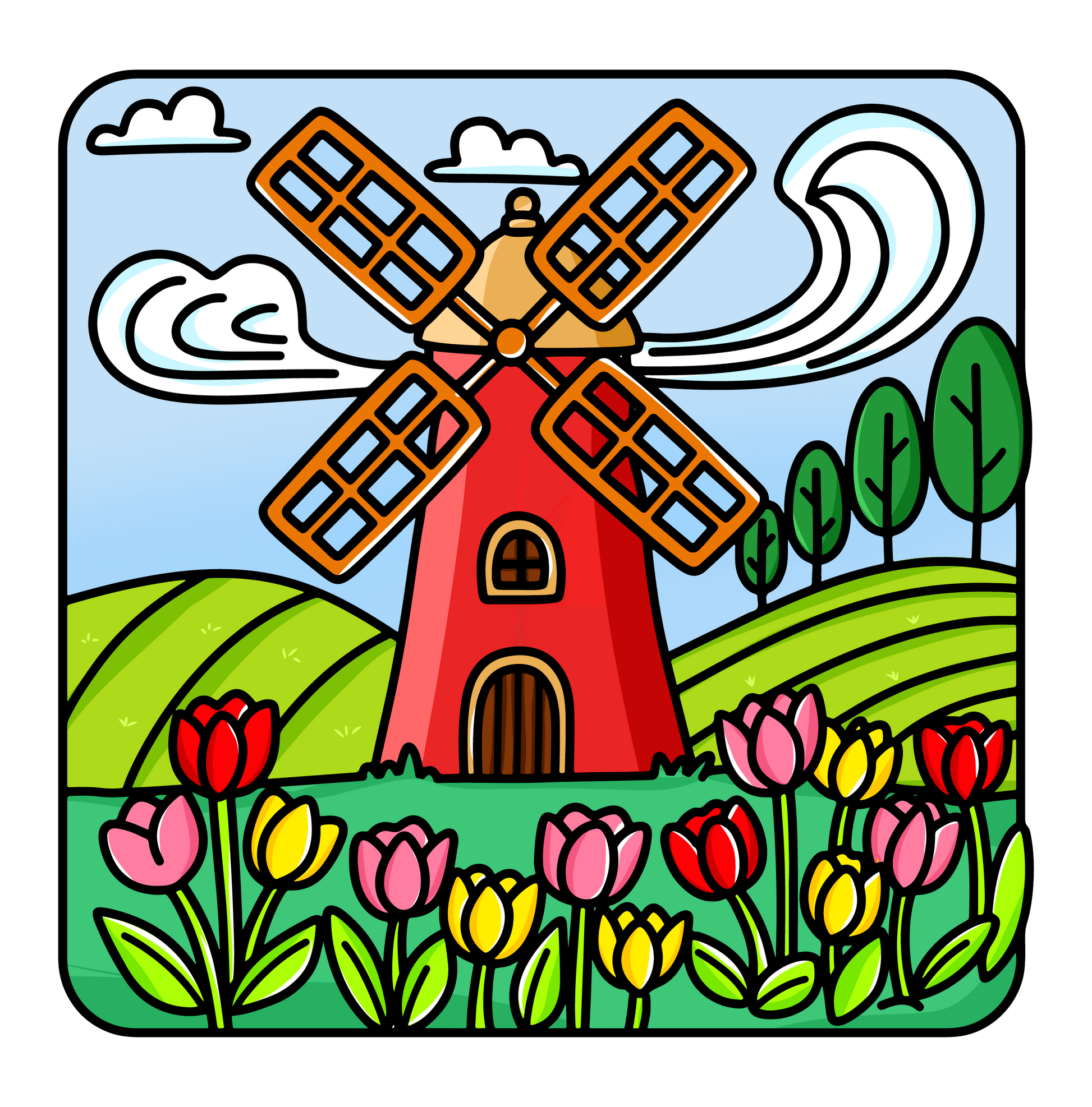 Abstract nature coloring page featuring a windmill and clean minimalist design