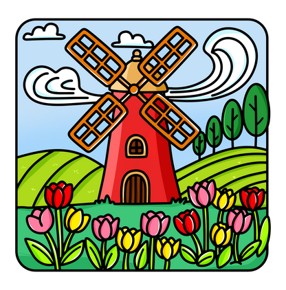 Abstract nature coloring page featuring a windmill and clean minimalist design