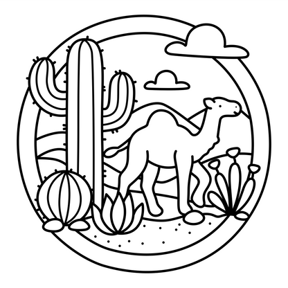 Minimalist desert coloring page with abstract scenery and clean line art for adults