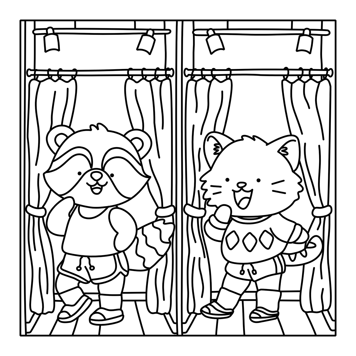 Retro themed coloring page featuring cute characters and classic 60s–90s style elements