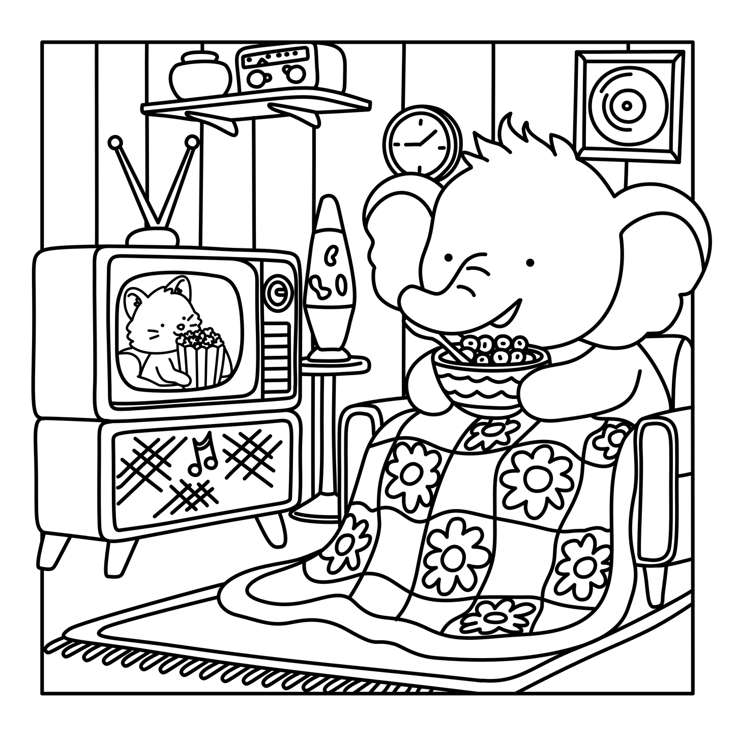 Nostalgic coloring page with cute characters and vintage fashion inspired by the 70s