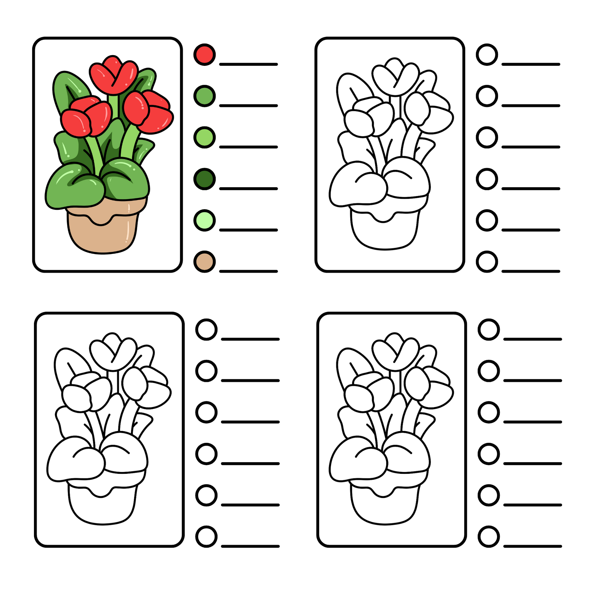 Coloring practice worksheets with adorable animals and objects, simple line art for beginners