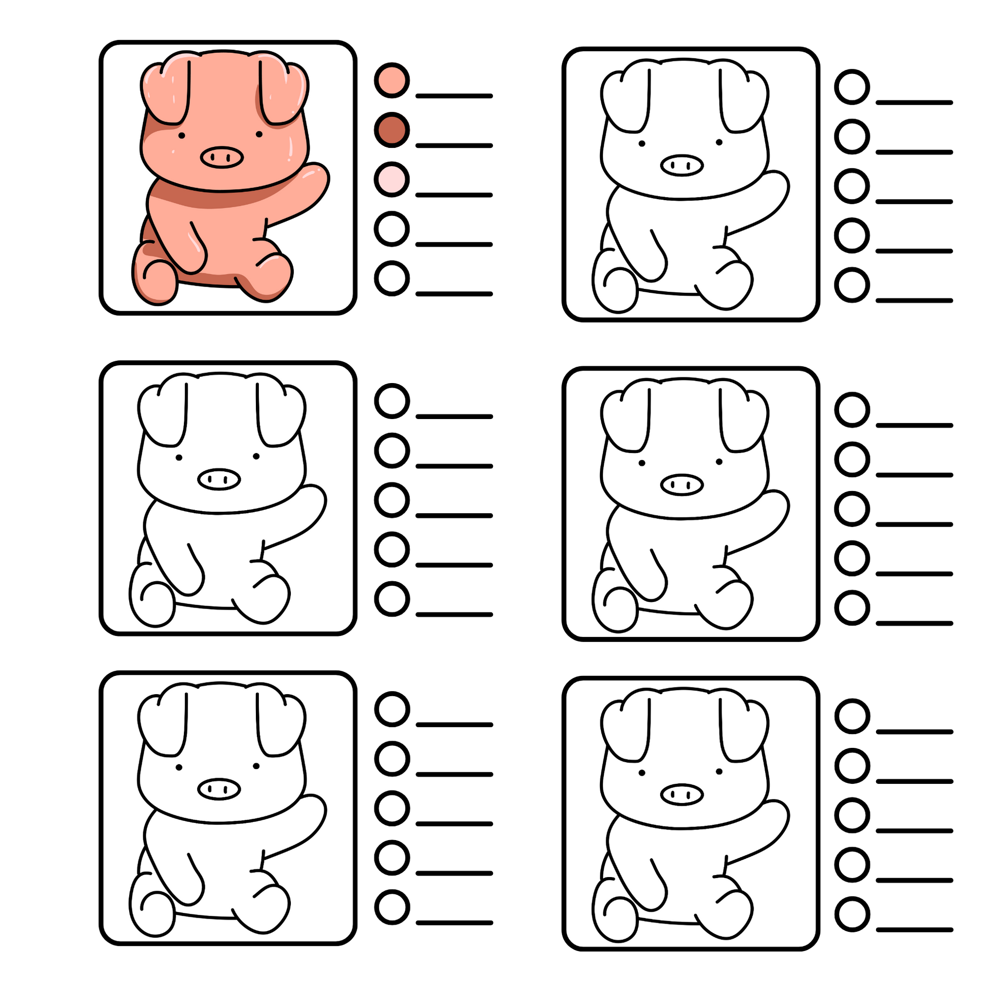 Cute coloring practice pages with small illustrations and guided exercises for blending and shading