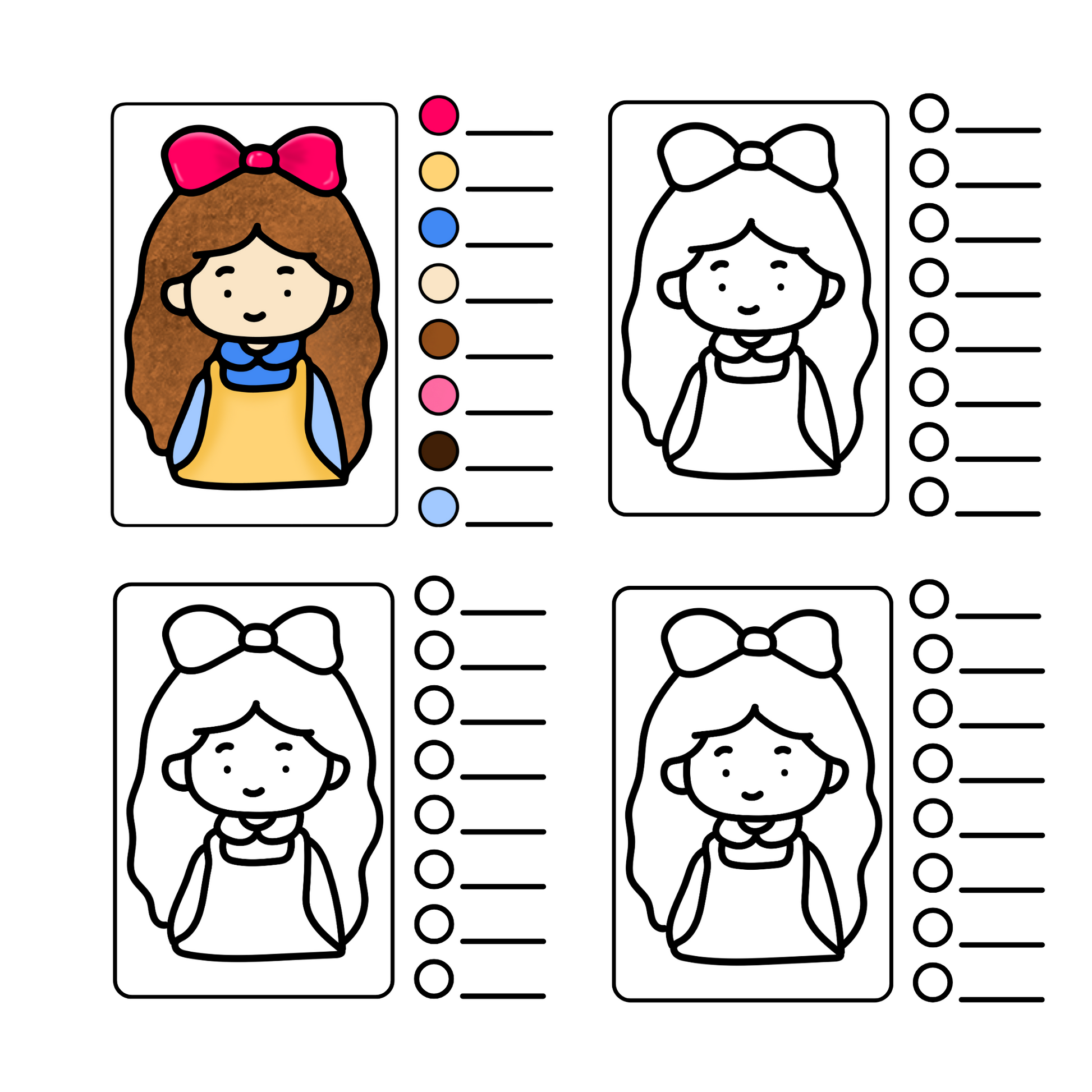 Cute character coloring practice pages designed to build confidence and color harmony skills