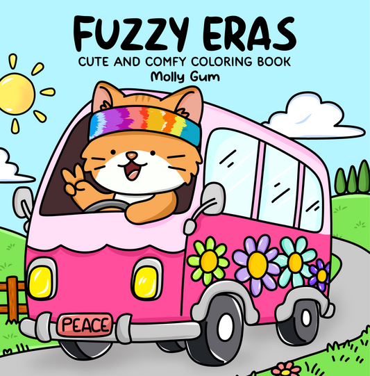 Retro coloring book PDF with cute characters and 60s–90s nostalgic vibes, Fuzzy Eras digital coloring book