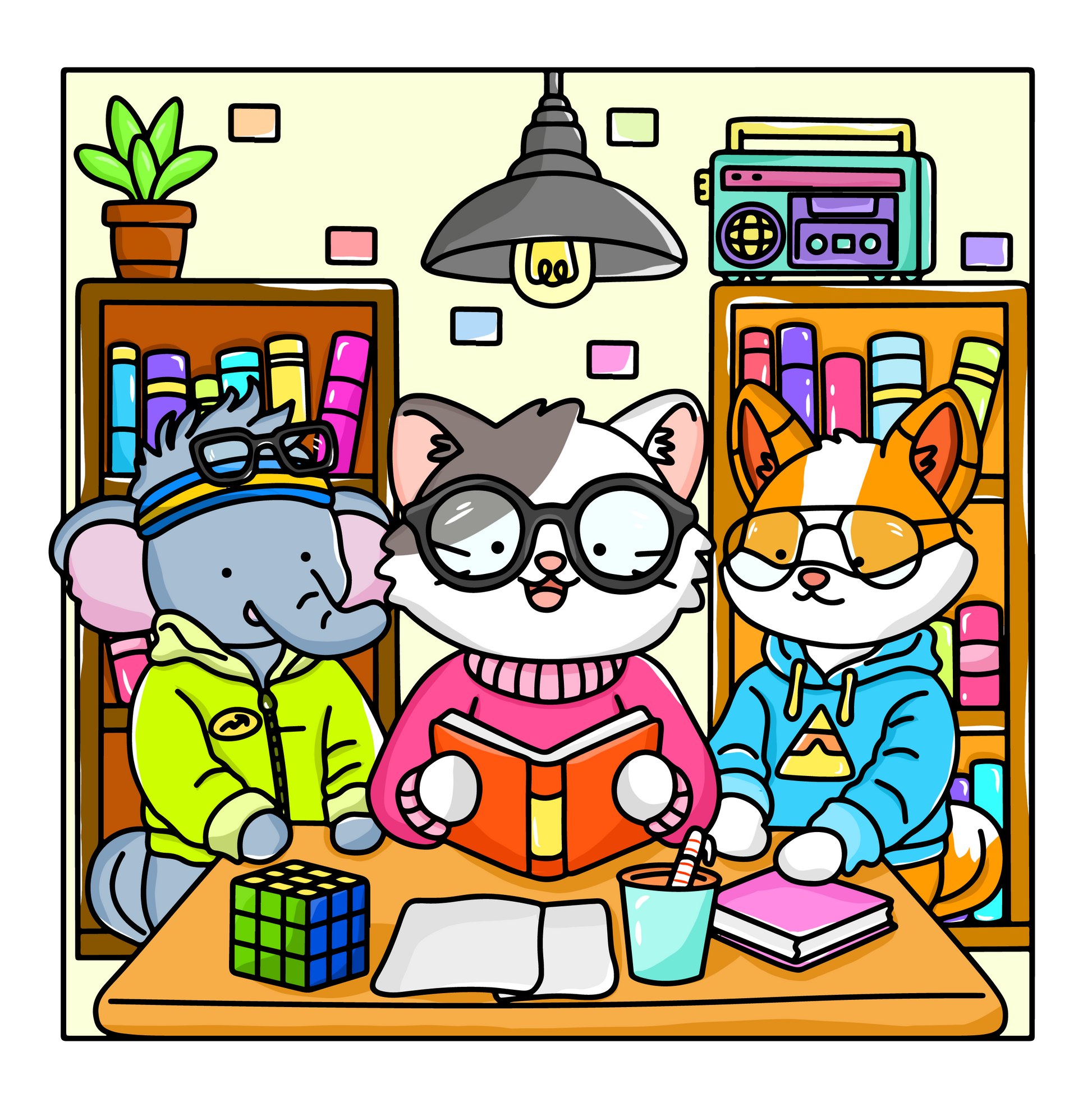 Cute retro coloring page with cozy 80s–90s room, bold line art and nostalgic details