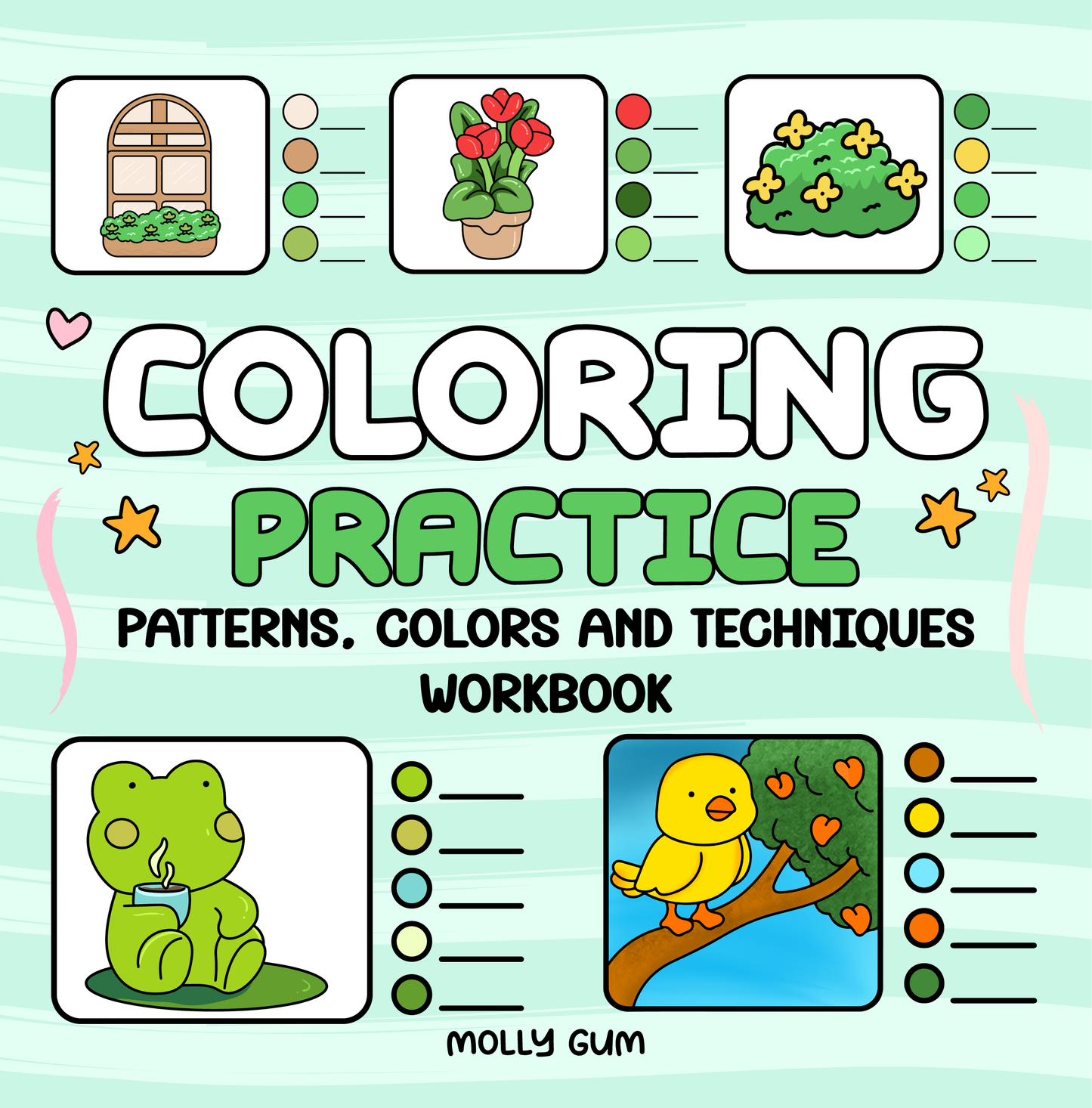 Coloring Practice workbook cover featuring cute animals, patterns, and color exercise icons, digital coloring practice PDF, physical