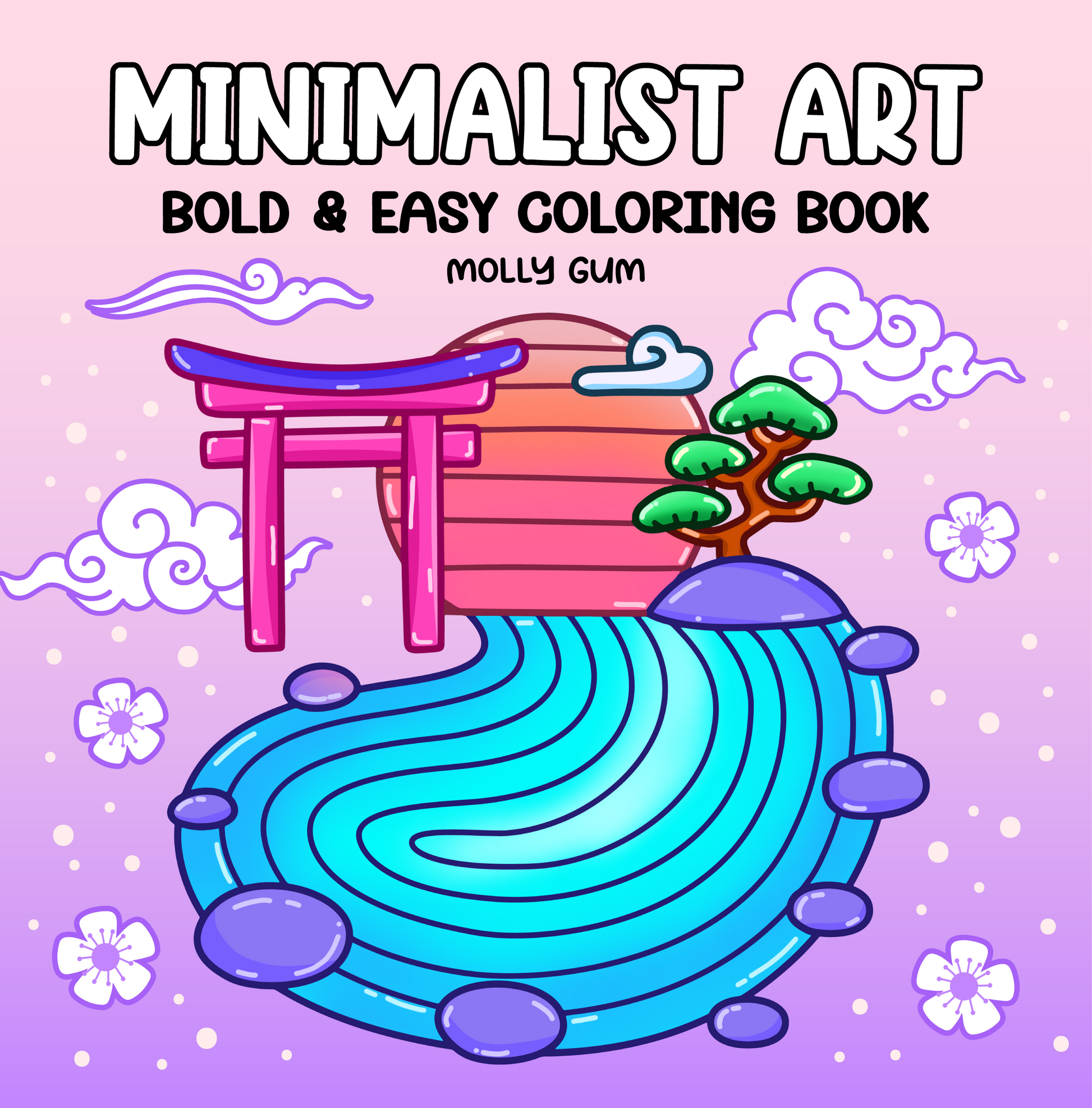 Minimalist Art coloring book cover with bold simple shapes, serene landscape, and clean line art, digital coloring book