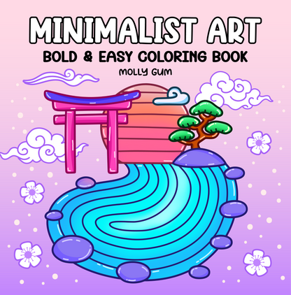 Minimalist Art coloring book cover with bold simple shapes, serene landscape, and clean line art, digital coloring book