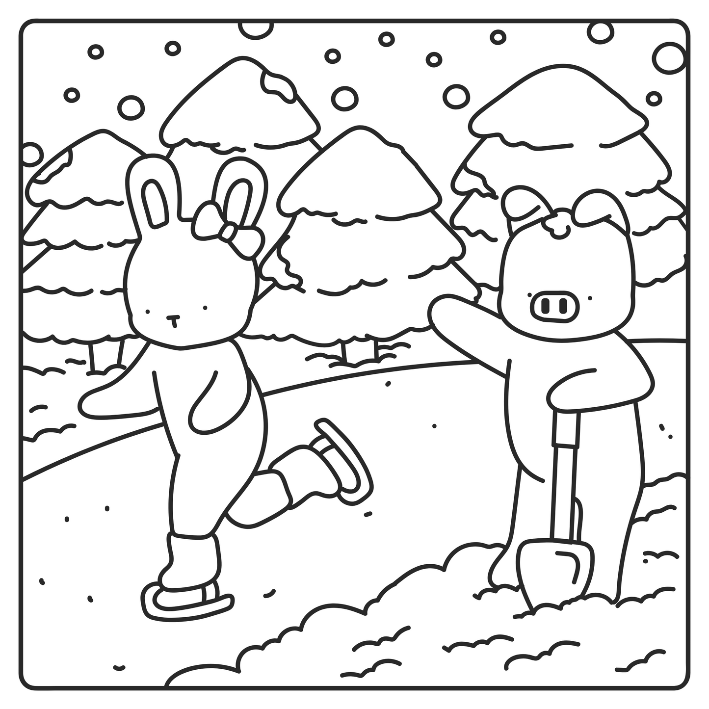 Cute winter outdoor coloring page with cozy characters playing in the snow, simple bold lines