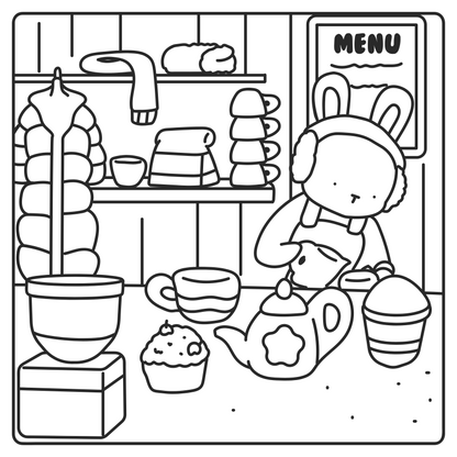 Cozy winter coloring page with cute characters baking and relaxing indoors, bold line art for stress-free coloring